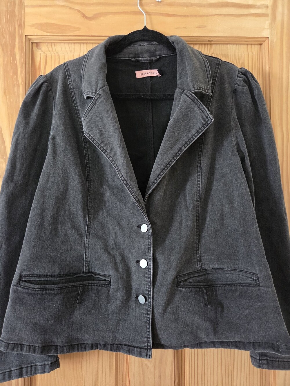 East Adeline Black Washed Denim Blazer Jacket Puff Shoulder Plus Size 1X Stretch